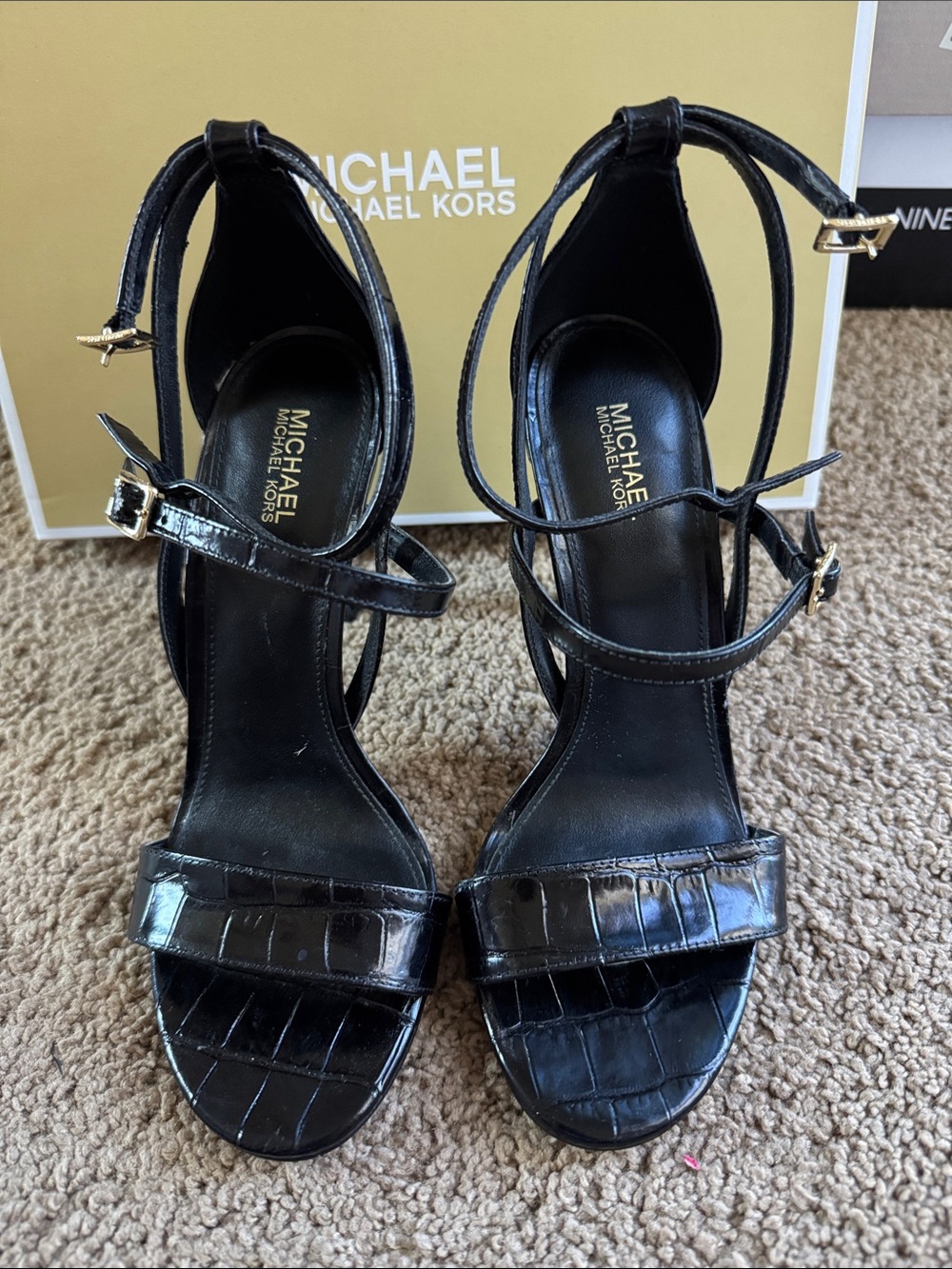 MICHAEL Michael Kors Black Croc-Embossed Ankle-Strap Heels